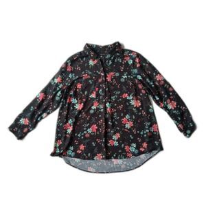 Lane Bryant Black and Colorful Floral Print Roll Tab Sleeve Button Blouse 14 16